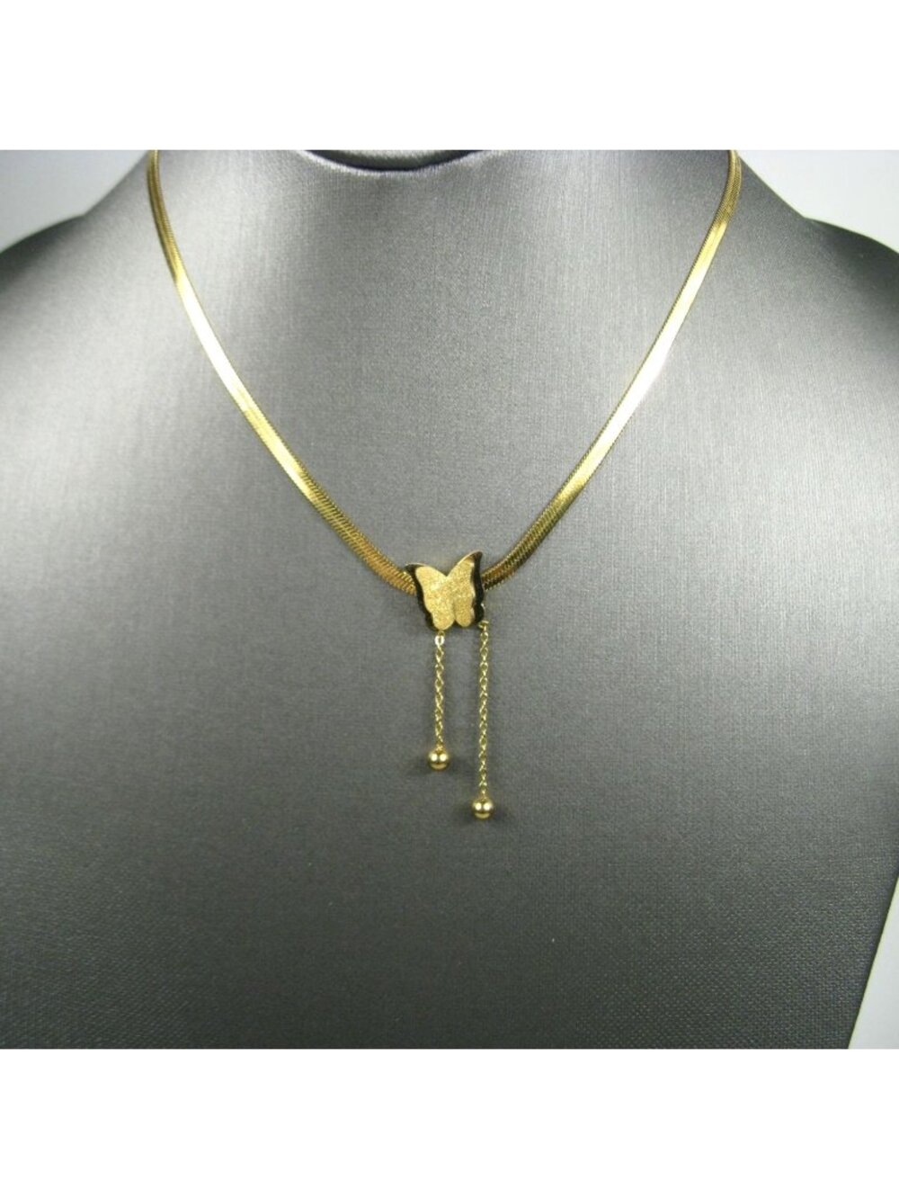 Gold Tone Butterfly Pendant Chain Necklace 16 in Adjustable Choker Collar Sleek